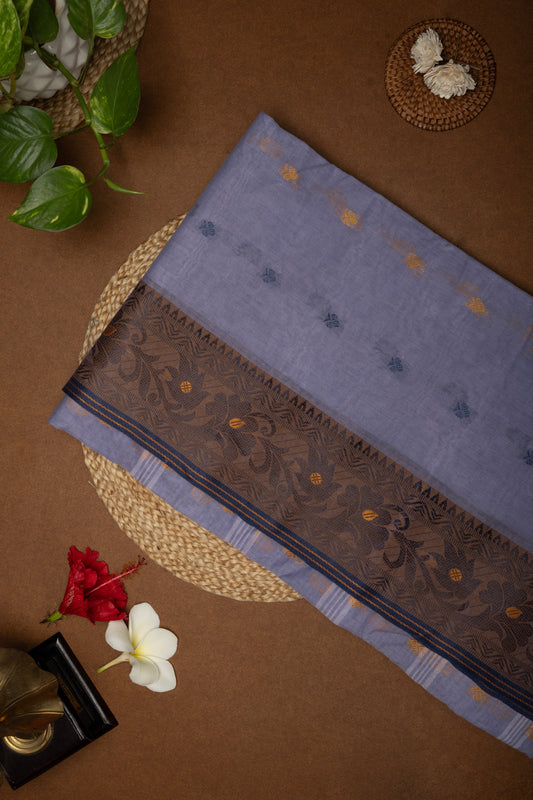 Manjaree : Mauve-Lavender Bengal Cotton Saree with Intricate Brown Floral Border
