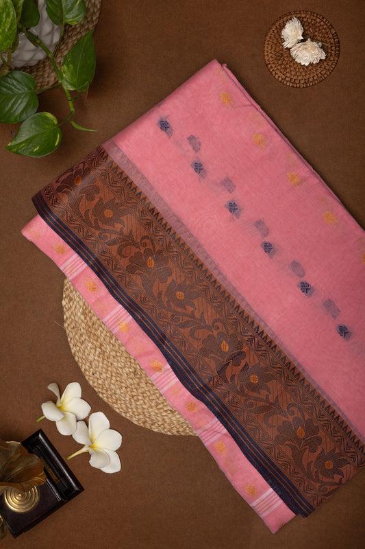Ranjana : Strawberry Pink Bengali Taant Saree with Floral Border