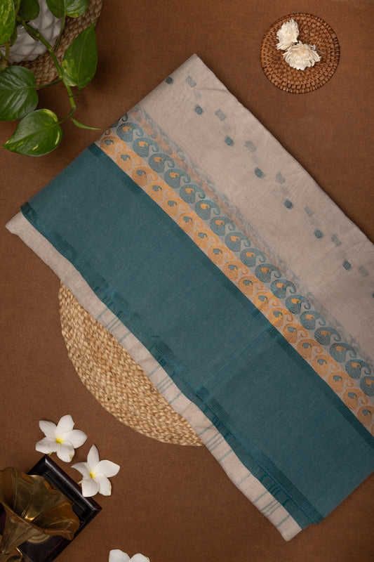 Vaidehi - Beige Bengal Cotton Saree with Teal Green Paisley Border