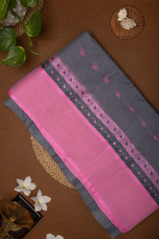 Rangachaaya - Dark Grey Bengal Cotton Saree with Barbie Pink Paisley Border