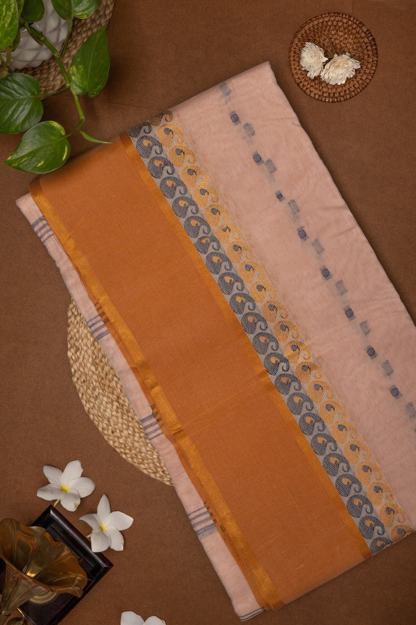 Sugandhika - Blush Pink Bengal Cotton Saree with Mustard Yellow & Grey Woven Border