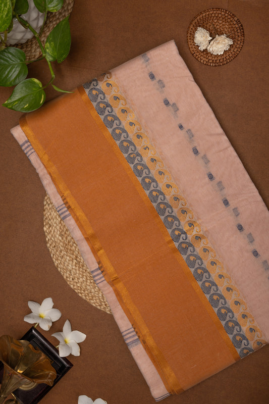 Sugandhika - Blush Pink Bengal Cotton Saree with Mustard Yellow & Grey Woven Border