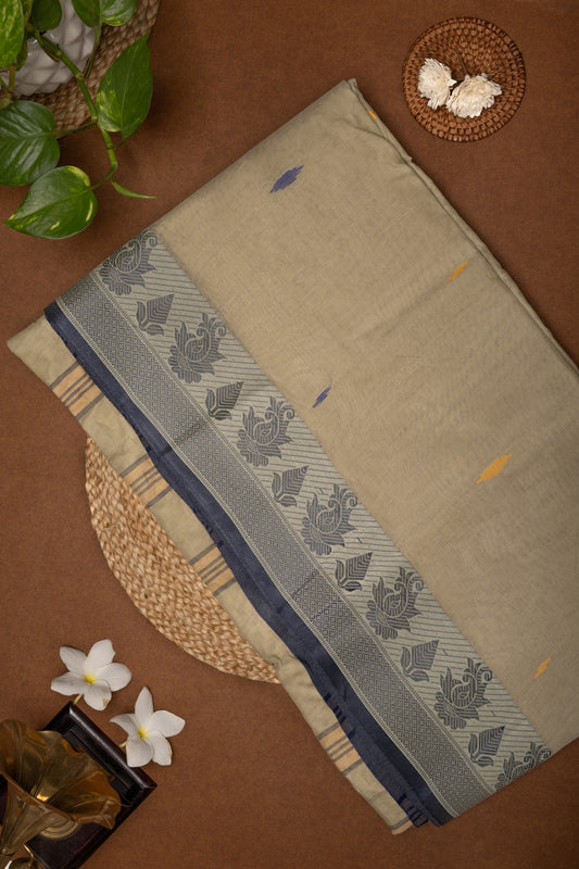 Shobhika - Taupe Beige Bengal Cotton Saree with Dark Grey Floral Border