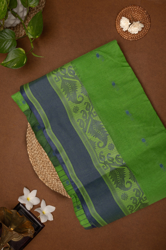 Haripriya - Leaf Green Bengal Cotton Saree with Royal Blue Dhakai Border