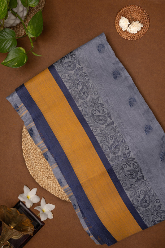 Chaayabrita - Grey Bengal Cotton Saree with Navy Blue & Mustard Floral Border