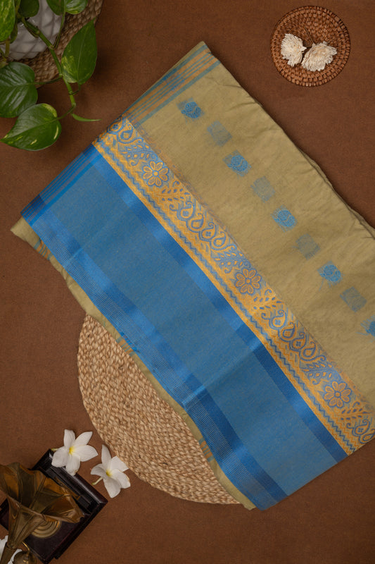 Vanashree - Olive Green Bengal Cotton Saree with Sky Blue and Mustard Floral Border