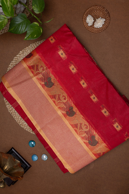 Rangrasiya - True Red Bengal Cotton Saree with Gold & Forest Green Floral Border
