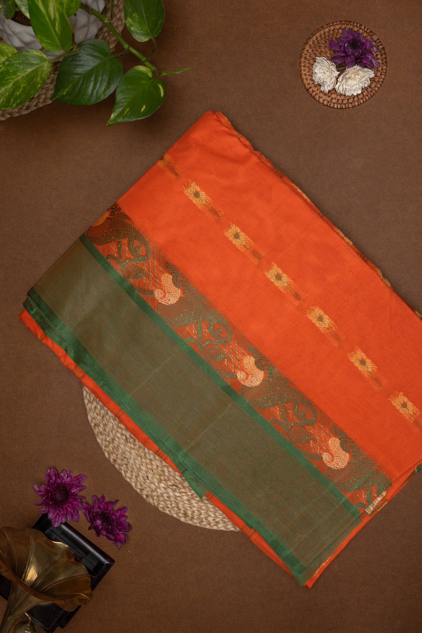 Kamalini - Bright Orange Bengal Cotton Saree with Parrot Green border